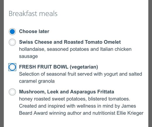 Original breakfast choices for my flight from the AA app