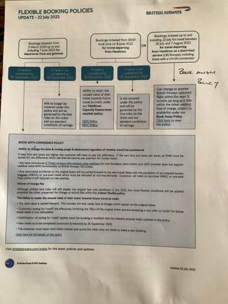This BA issued flow chart dated 22 July may help you guide the call centres. This covers the current policies. There is more in depth information behind it but this answers most questions.