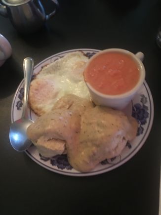 Biscuits and gravy, tomato bisque, eggs at Stella’s. Mmm