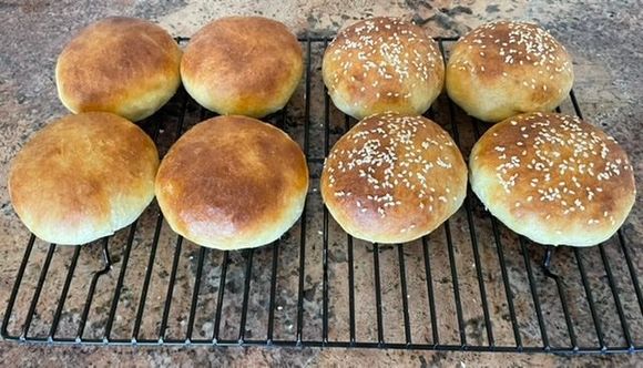 Grilling burgers tonight and realized, no buns. Sitting around waiting for a delivery so I can’t go out. Next best choice - make them!  The King Arthur recipe looked fairly easy and oh, the aroma while they were baking!