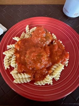 Rotini with home made meatballs and Rao’s arrabiata! Delish!