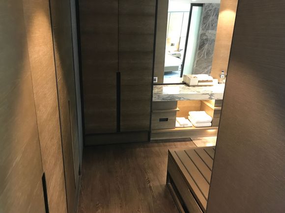 View from entry into the bathroom and closet space