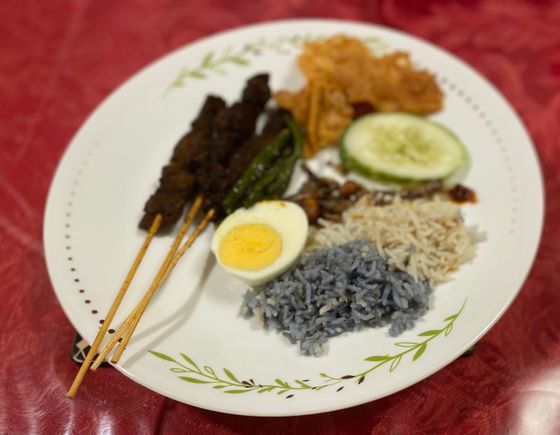 Nasi lemak - regular & with butterfly pea colouring / flavouring for the rice & beef satay 
