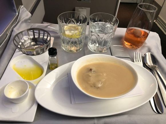 Soup on a plane.  A solid A.