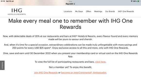Kudos to staff training!  For bringing this to our attention 
https://www.ihg.com/content/gb/en/deals/member-offers/dining-privileges