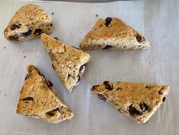 NYT Whole-wheat buttermilk scones with raisins and oatmeal. I should have added some bacon and we’d have a full breakfast!