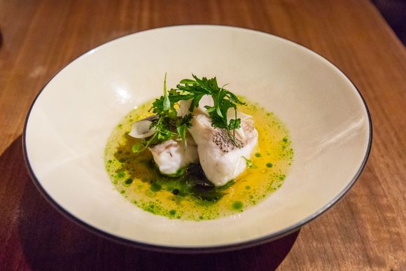My main: fish (variety not specified, IIRC) served in a lemon verbena broth.