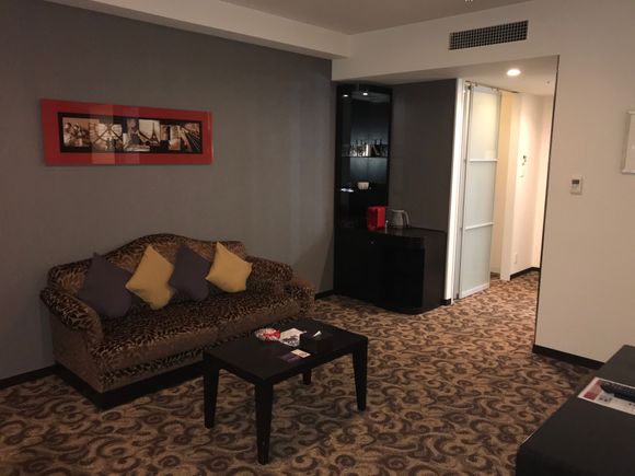 Living room rather sparsely furnished with poor lighting 