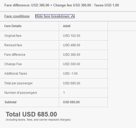 Change Fee Breakdown $685
