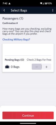 Fly Delta app incorrectly states that the free checked baggage allowance is 2, and in any case the checked bag counter cannot be incremented past "2".