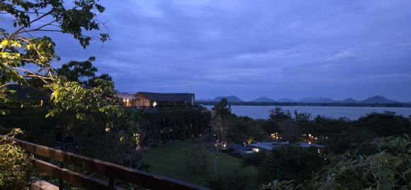 A view from the Townhill bar area towards the lake and pool in the early evening.