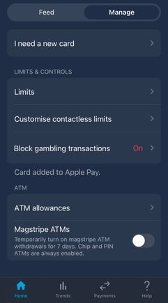 Monzo magstripe card settings screenshot