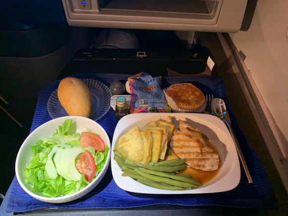 This was the chicken…dry and rubbery..pretty much inedible. Worse than nose Coach meals. No ice cream but the dessert tart was the best part of the meal