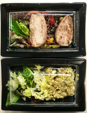 Top: jerk chicken with black rice and quinoa
Bottom: spiced freekeh with cauliflower and feta
