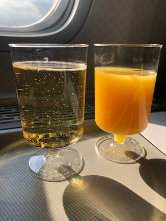 Much appreciated pre-departure selection of bubbles and OJ. Yes--I asked for both! 