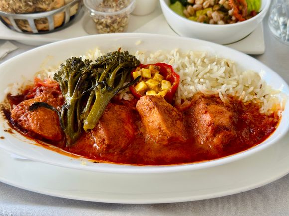 Butter chicken curry, basmati rice, paneer stuffed red pepper
