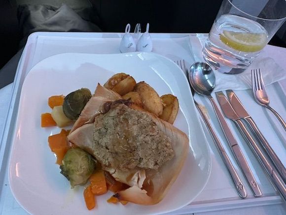 The turkey was unremarkable and the dressing a bit soggy - but the veggies had sprouts and parsnips both of which I love. They were only lukewarm.  It was not great for a turkey dinner but was much better than anything else I've ever had on EI.

