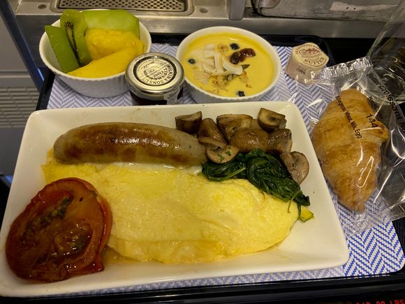 Band 3 breakfast (aged cheddar omelette, sausage, buttered mushrooms, roasted plum tomato, spinach)