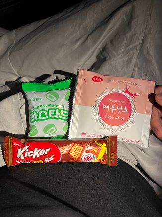 Korean snacks from snack basket:
Top: Matcha tea cake with cream filling, nut mix
Bottom: Korean kit-kat-type candy bar
(Not shown - cup ramyeon)