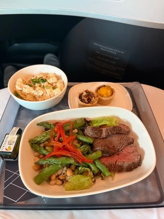 Beef salad served with 80 minutes left in the flight 