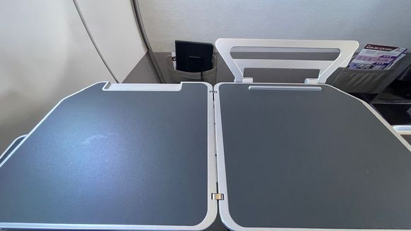 Nifty fold-out phone/tablet stand.  Reversible as well so available for half and full tray table deployment 