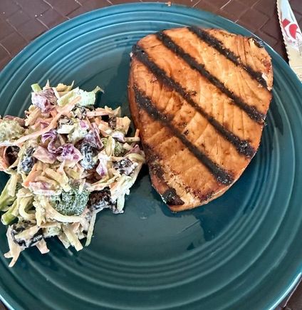 Grilled teriyaki ahí and broccoli slaw