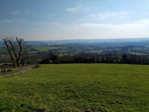 View over the Mendip Hills while driving south towards Wells