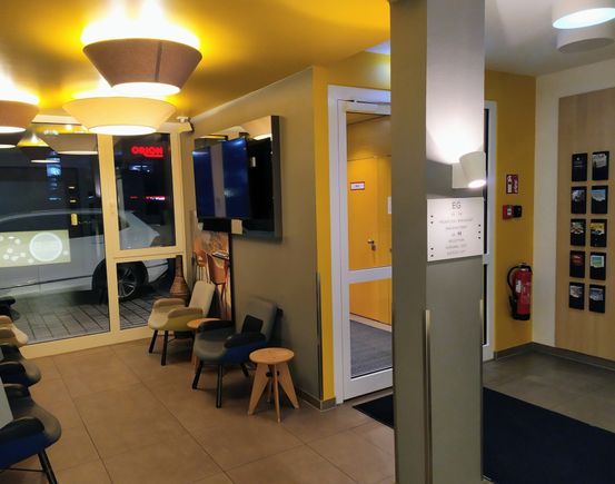 The downstairs lobby area of the B&B hotel in Weil-am-Rhein was unprepossessing - check-in was done electronically (although there was somebody present during limited hours) and credit card operated vending machines were available 