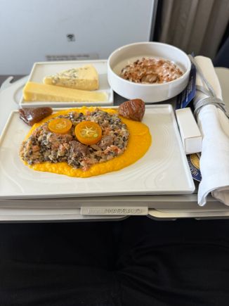 Lentils, chestnut, kumquat and figs, cantal and blue cheese, Paris Brest. 