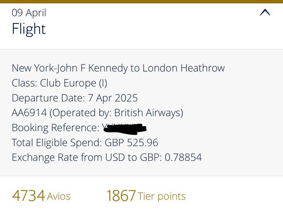 BA operated flight, on same ticked as above, and awarded nTP equivalent of what would have been 140 old tier points. 