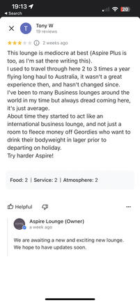 Just spotted this comment on one of the Google reviews. Doesn’t give much away but does slightly dangle the carrot of the new lounge coming soon. 