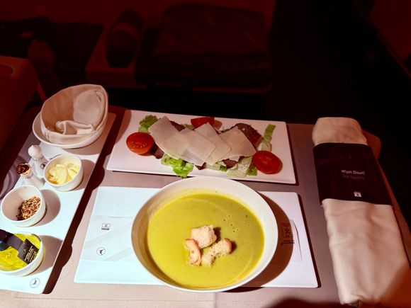 Asparagus and pea soup was delicious. Beef Caesar, not so much