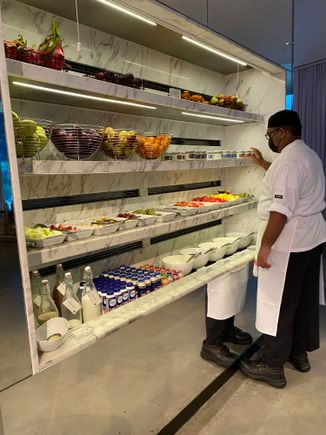 Fruits, muesli, rice porridge, yogurts, compotes station at the Executive Lounge