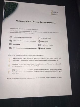 Hilton Honours Gold welcome letter