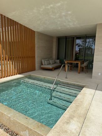 plunge pool. noticed some pools are larger (bc rectangular shaped) in front of the living area. pools in front of the bedroom are square shaped