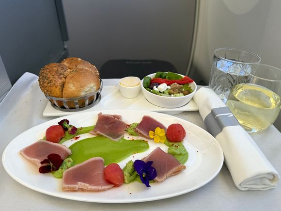 The food was good! I had seared tuna to start, pictured, followed up by the Tsukune (very tasty). I also tried the pasta main (boring), followed by the bread and butter pudding, and cheese plate.