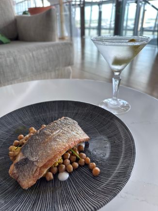 Seabass tikka cauliflower, spinach, chickpeas, yoghurt, coriander oil
