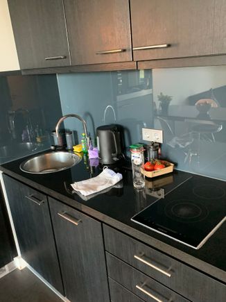 Small kitchen. The unit had a kettle and a small French press. I didn’t like the kettle so I bought one. I use my Aeropress for making coffee. 
