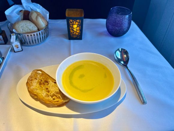 Spicy corn soup: one of the only decent things I had on the flight.