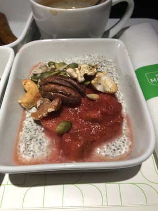 Chia seed pudding - strawberry rhubarb compote, coconut milk, nuts, and seeds.  