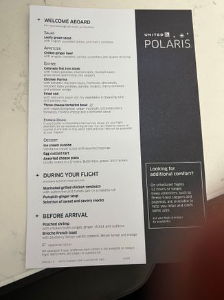 Menu from UA 29 on Sunday. Seems like the same ginger beef appetizer and garlic bread + pretzel roll from other posts.

Menu says pumpkin-ginger soup, but they actually had cream of leek. I really liked the soup (and soup in general) and got 2 bowls.