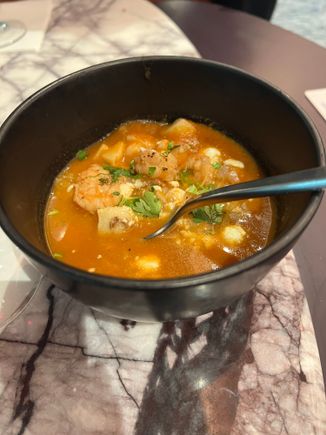 Sonoran-style potato soup with grilled shrimp 