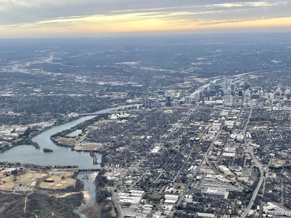 Downtown Austin and Town Lake. AUS-DFW.