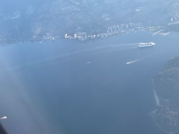 Westerly departure from YVR 
Mortified by the plume of diesel exhaust from the cruise ship. Apparently cleaner diesels, or at least clean injectors, haven’t made it to cruise ships 