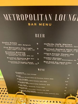 Metropolitan Lounge Beer and Wine menu