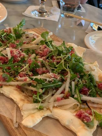 Korean Style Beef Tar Tar on top of flat bread