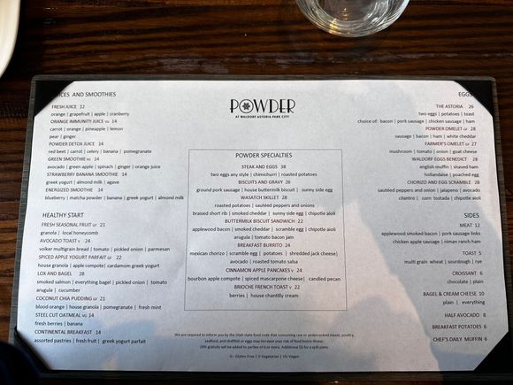 Breakfast menu. My fav was the Wasatch skillet. 