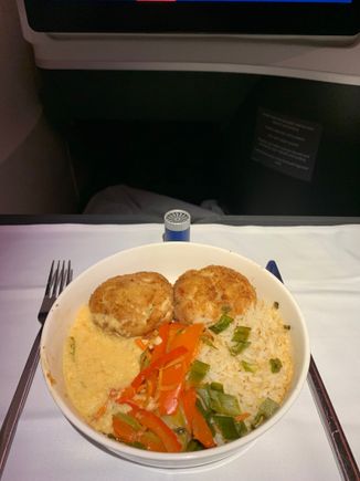 Pre-order option of crab cakes with miso yuzu sauce, basmati rice, stir-fry vegetables. Other pre-order optIon was the herb-crusted rack of lamb. 