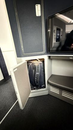 Backpack storage easily fits 30L backpacks. 