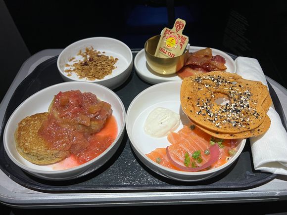 Smoked Salmon, Farro Pancakes, Coconut Yogurt, and side of maple bacon